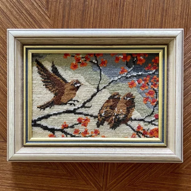 Vintage Framed Cross Stitch Autumn Scene With Birds