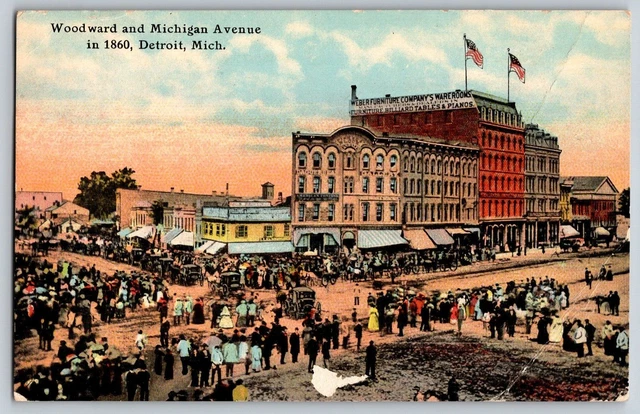 Detroit, Michigan MI - Woodward & Michigan Ave - Classic Cars - Vintage Postcard