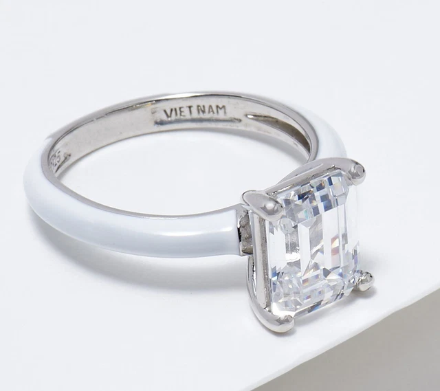 Diamonique Cubic Zirconia White Emerald Cut Enamel Ring Size 6 Sterling Silver Diamonique Cubic Zirconia White Emerald Cut Enamel Ring Size 6 Sterling Silver