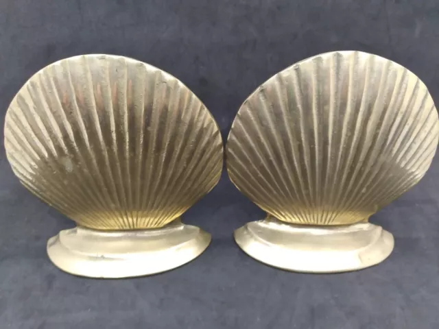 VINTAGE SOLID BRASS Nautical Seashell Clam Shell Bookend Set