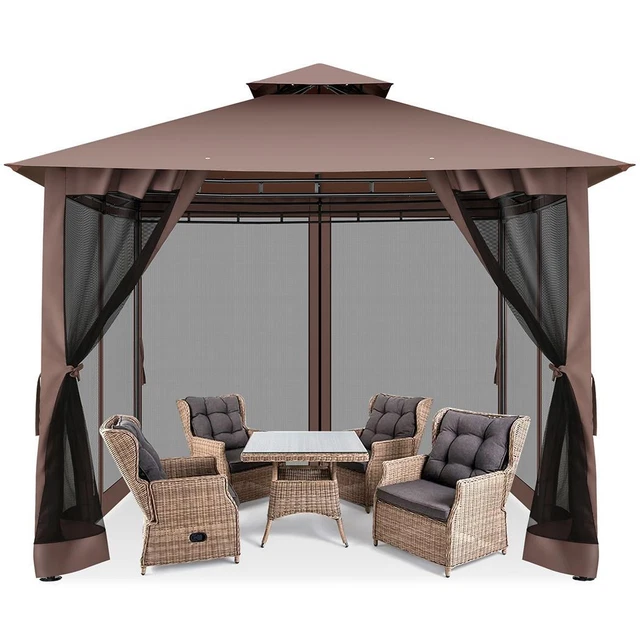 Pavillon 3mx3m Gartenpavillon für Terrasse Doppeldachweichdach mit Moskitonetz