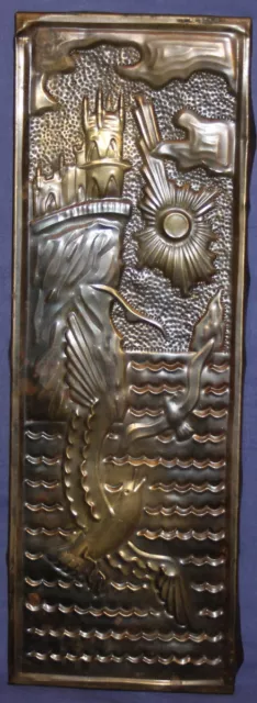 Vintage hand made brass wall decor plaque birds seascape