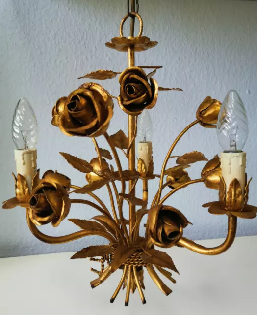 Hans Kögl Florentiner Kronleuchter Hängelampe Vintage Metallrosen-Blätter-Blumen