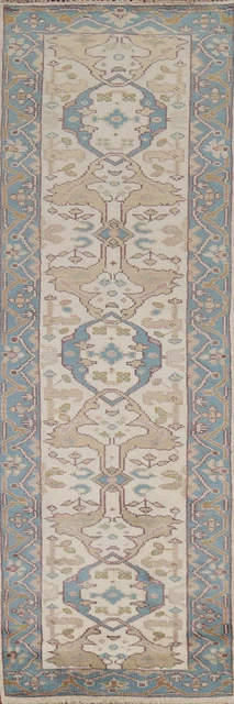 Alfombra de corredor estrecha oriental marfil/azul claro Oushak 2' 8"" x 9' 9"" alfombra hecha a mano