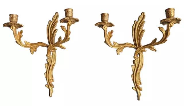 Vintage Wall Sconce Golden Solid Brass Candlestick Holder Candelabra Set of Two.