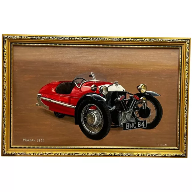 British Oil Painting Red Morgan V Twin Three Wheeler Two Seater Super Sports Car
