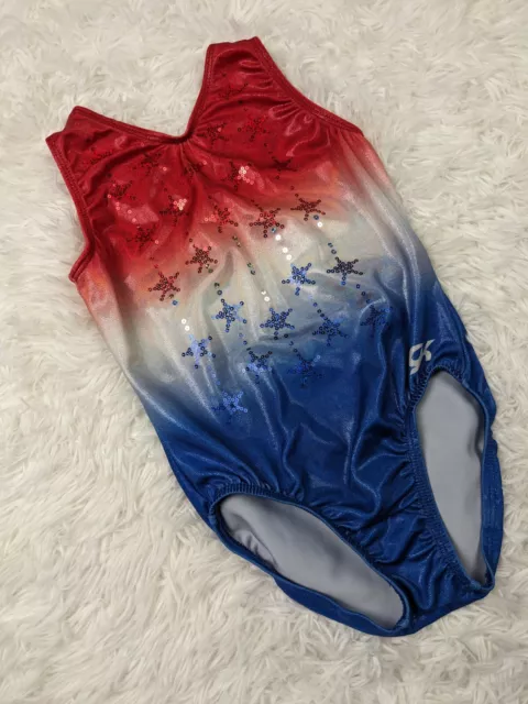 GK ELITE Gymnastics Leotard Child Small CS Red White Blue Sequins Stars