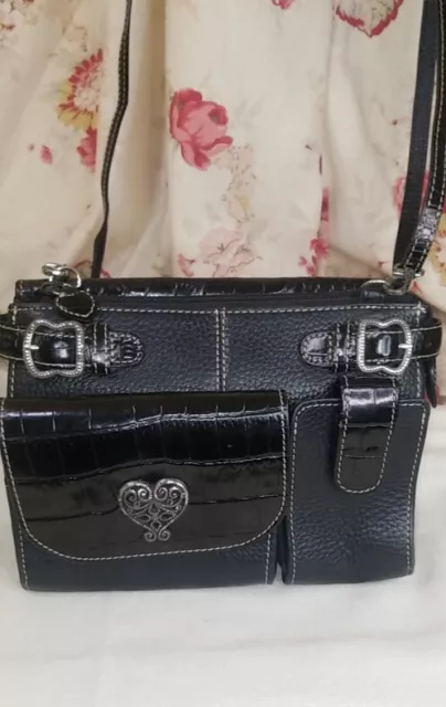 BRIGHTON Leather Croc Embossed Crossbody Wallet Organizer Shoulder Bag*Blk*Small