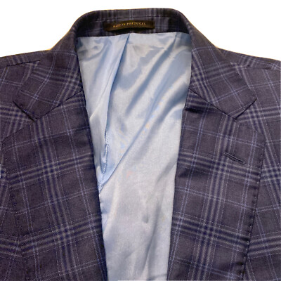 J. HILBURN Men's Custom Blue Plaid Wool Sport Coat Jacket Size 44R