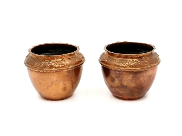 Pair of Antique Copper Plant Pots - Arts & Crafts Repousse Planter Jardiniere