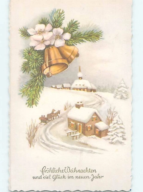 1961 Christmas foreign HORSE-DRAWN SLED GOING PAST HOUSE TO CHURCH HL8978