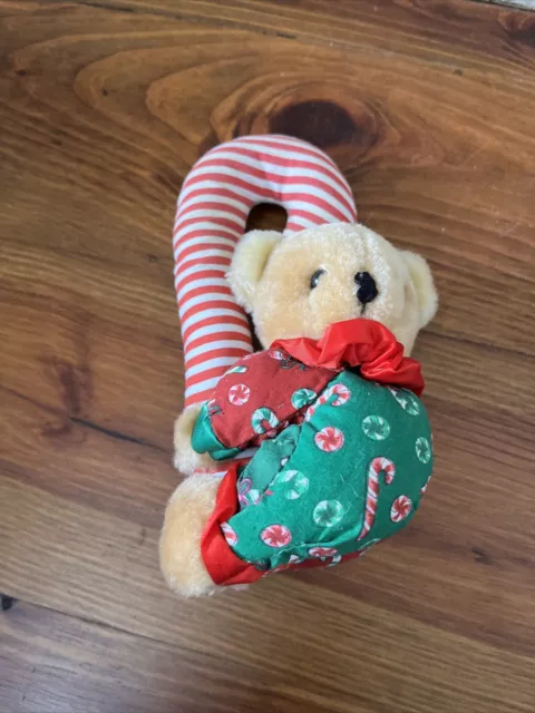 Christmas Teddy Bear with Candy Cane GiftCo Vintage 1995 Fabric Hanger Ornament