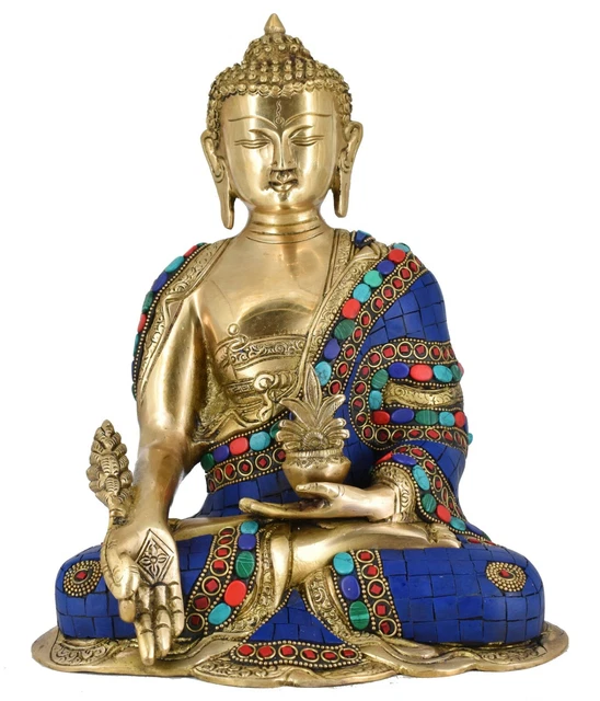 Whitewhale Large Medicine Buddha Brass Statue - Blue Stone Buddhism Idol Decor