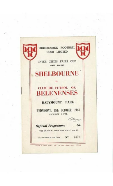 Shelbourne v Belenenses Fairs Cup Football Programme 1964/65