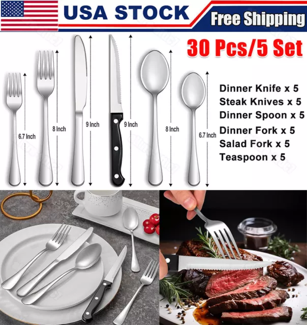 30 Pcs Silverware Set for 5 Stainless Steel Flatware Cutlery Utensil Kitchen US
