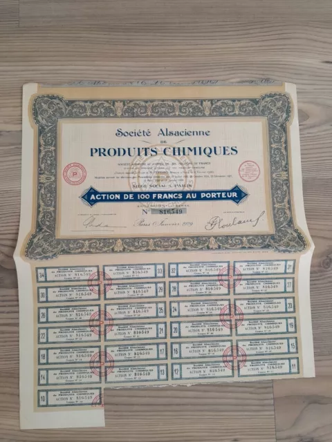 Ancien vieux papier action de 100 francs au porteur Alsacien PRODUITS CHIMIQUES