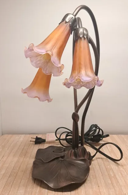 Tiffany Style Lily Pad Lamp 3 Frosted Tulip Shades Amber And Pink PLEASE READ