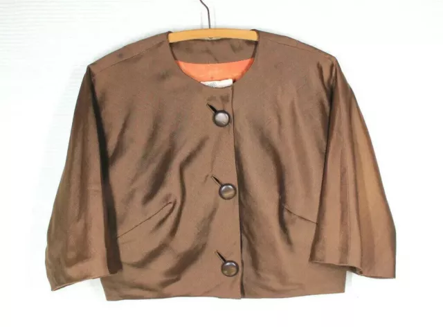 Vtg 50s Silk Jacket Bullock’s Wilshire Brown Bronze New Look Cropped Pinup M L