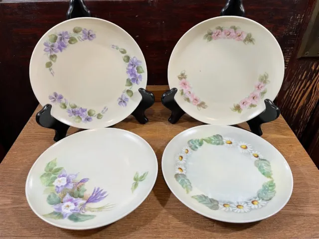 Set of 4 MZ Austria Hand Painted Salad Dessert Plates Daisy Columbine Wild Rose
