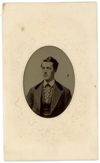 CIRCA 1860'S Cartouche TINTYPE Handsome Young Man Wearing Dapper Suit & Tie