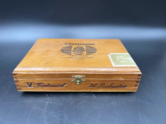 Vintage Wooden Cigar Box 'V Centennial Honduras Robustos' 6 x 8.5" x 2” Hinged