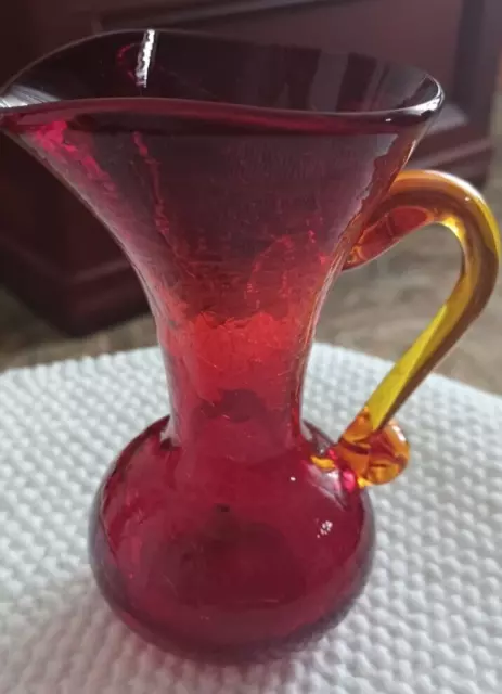 Vintage Hand Blown Ruby Red - Orange Crinkle Amberina Art Glass Vase Pitcher