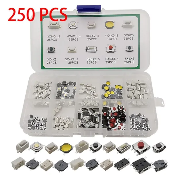 250 pièces kit de commutateurs tactiques micro-boutons poussoirs assortiment d'