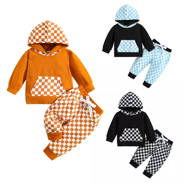 Toddler Boys Girls Plaid Outfit Set Hooded Sweatshirt Long Pants Casual Clothes