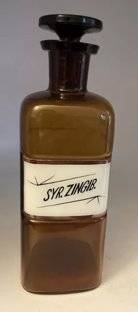 Antique 1880s Amber Label Under Glass SYR. ZINGIB. Apothecary Bottle