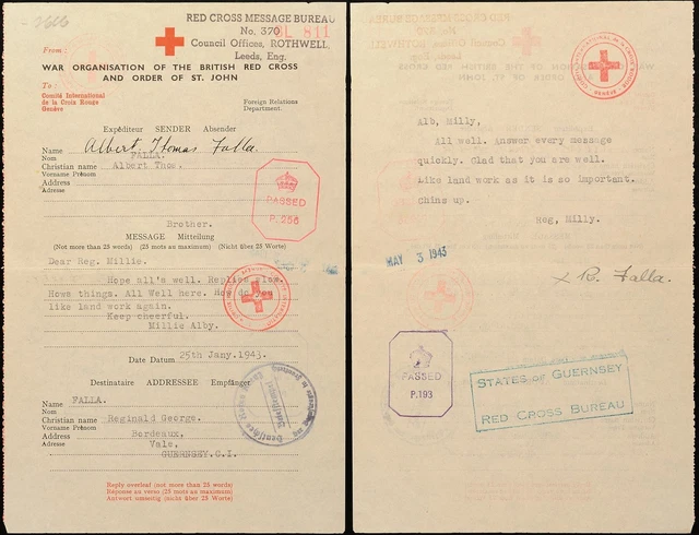 10586) Rotkreuz-Nachrichten Brief 25.1.43 England nach Guernsey Antw. 3.5.43