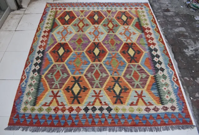 5'6 x 6'5 Handmade afghan tribal khotrang wool area kilim rug, 5x7 persian rug
