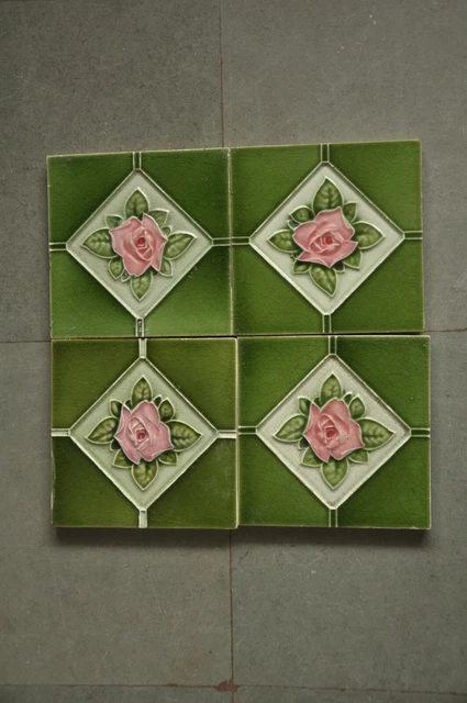 4 Pc Vintage Majolica Flowers & Diamond Art Nouveau Architecture Tiles,Japan