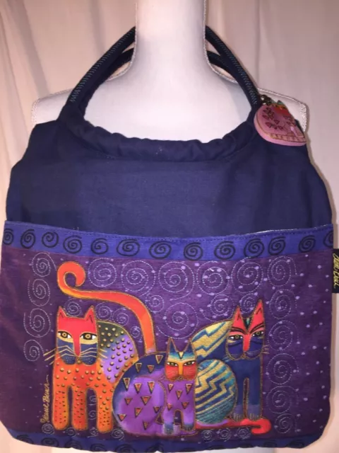 Laurel Burch 3 Cats Front Zip Top Blue Lined Tote Bag 14x14"