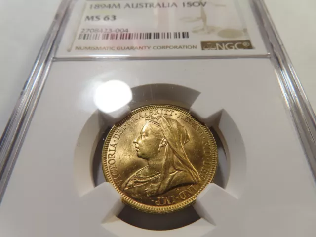 D17 Australia 1894-M GOLD Sovereign NGC MS-63 Tied For Finest!