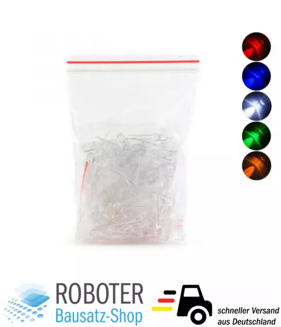 100 x F5 Leuchtdiode LED 5mm - sortiert weiss,  rot, gelb, blau, grün Arduino