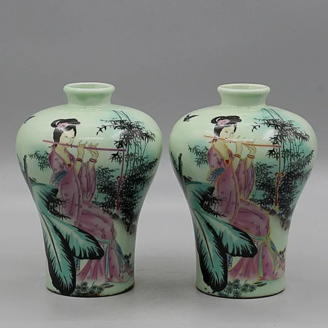 Pair China Jingdezhen Pastel Girl Landscape Porcelain Ceramic Vase Qing Tongzhi