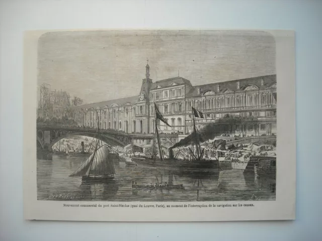 Gravure 1864. Paris. Mouvement Commercial Du Port Saint-Nicolas, Quai Du Louvre,