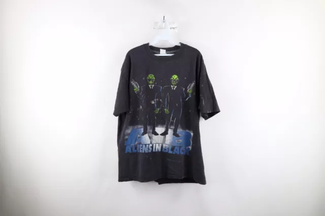 Vintage 90s Streetwear Mens Large Thrashed Spell Out Aliens In Black T-Shirt USA