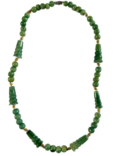Vintage Chinese Green Jade Carved 6 mm to 9 mm Bead 22" Necklace 63 grams