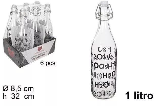 Set 6 Pezzi Bottiglie Di Vetro 1 Litro Con Tappo Meccanico H2O dfh