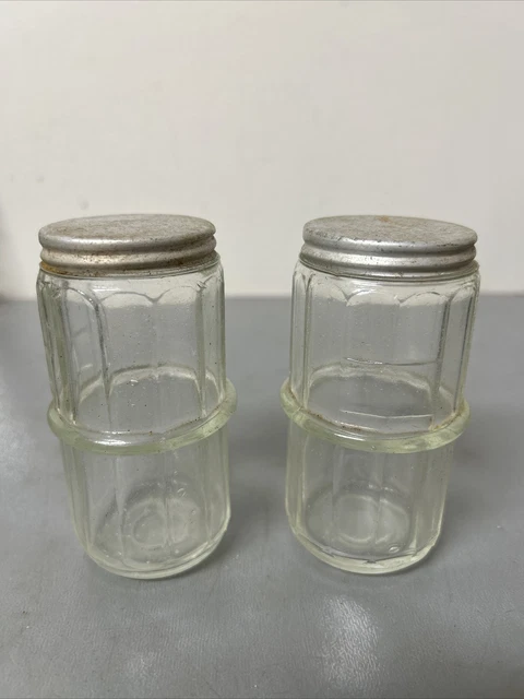 Antique Hoosier Ribbed Glass Spice Cabinet Jars W/ Lids Set Of 2