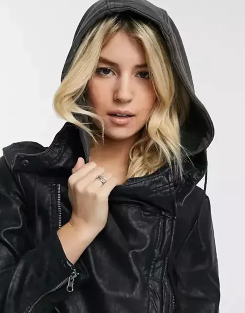 Free People Cleo Hooded Vegan Leather Jacket (XS, Black) Retail $198