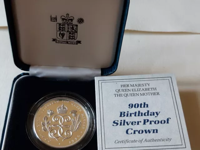 Royal Mint 1990 Queen Mother 90th Birthday Solid Silver Crown. Boxed With COA.