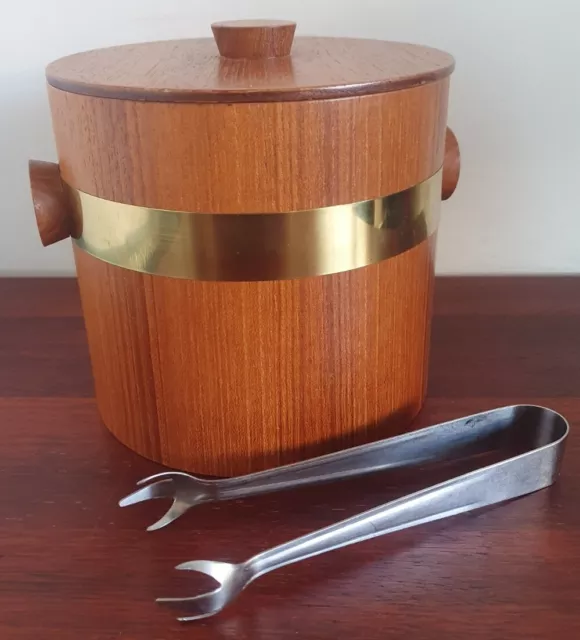 Vintage Teak Ice Bucket & Tongs Mid-Century Modern Retro Barware Kitchenailia