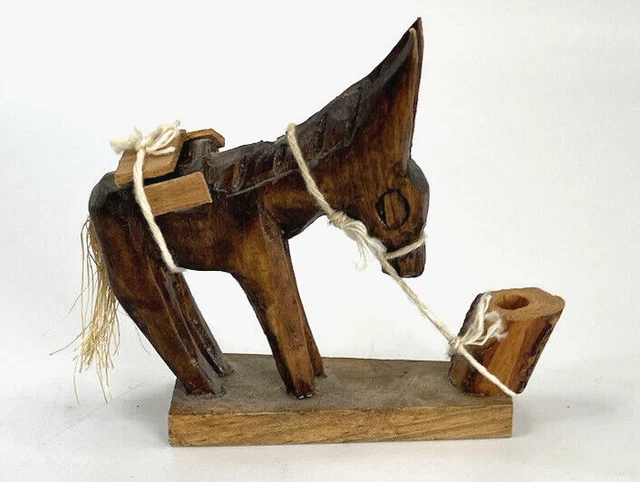 Sweet Vintage Handcarved Wooden Donkey Mule Burro Figurine w/Saddle & Water Pail