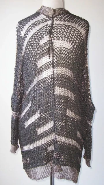 ISABEL BENENATO Metallic Open Weave Crochet Knit Metal Pin Cardigan Sweater L 3