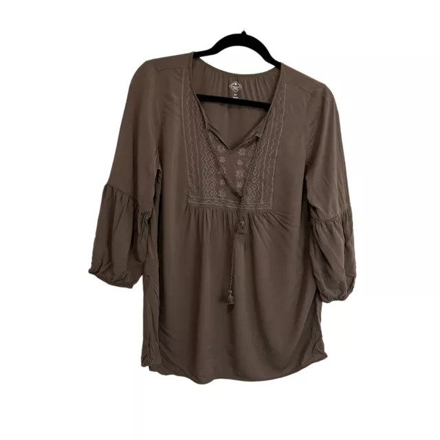 St Johns Bay Brown Embroidered Tassels Popover Peasant Top Blouse Womens Size S