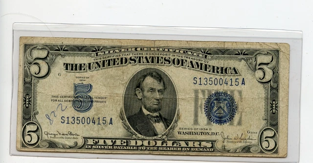 1934 D  $5 Five Dollar Silver Certificate   Note  Free Shipping 2283