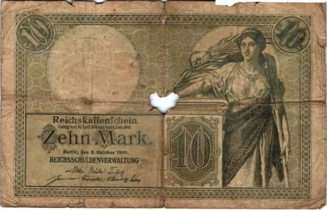 #20 Geldschein Papiergeld 10 Mark 06.10.1906 Reichskassenschein Reichsschuldenv.