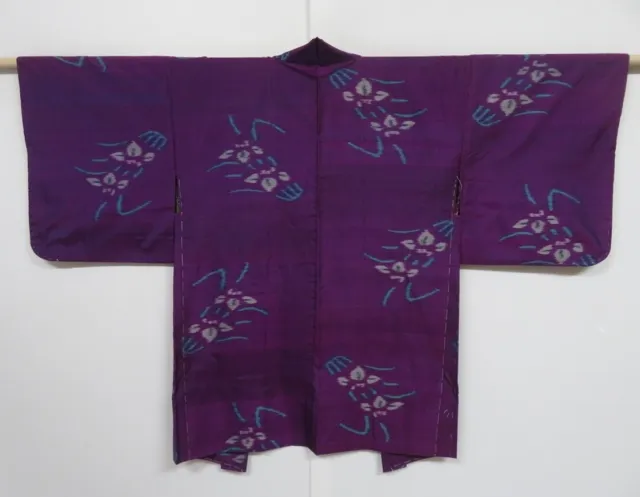 1221N09z420 Vintage Japanese Kimono Silk MEISEN HAORI Dark purple Flower 2